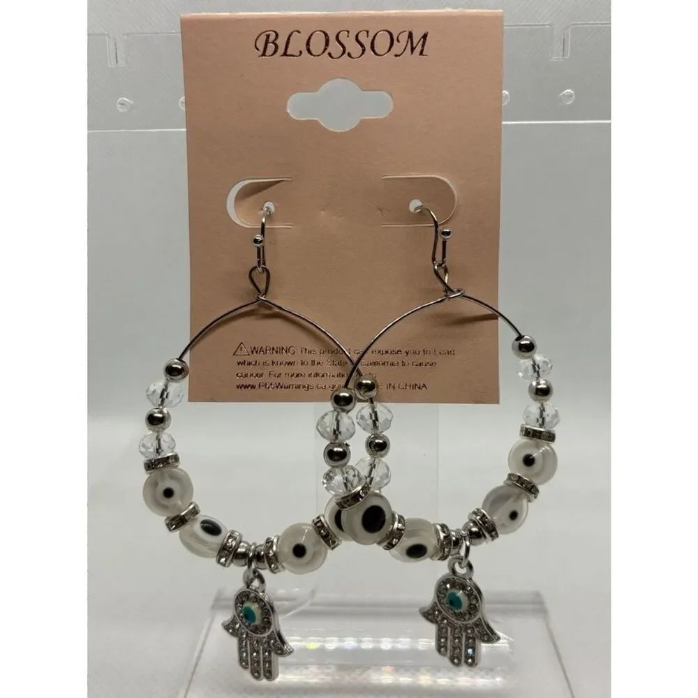 3For$20 Silver &โWhite Hamsa Hoop Earrings